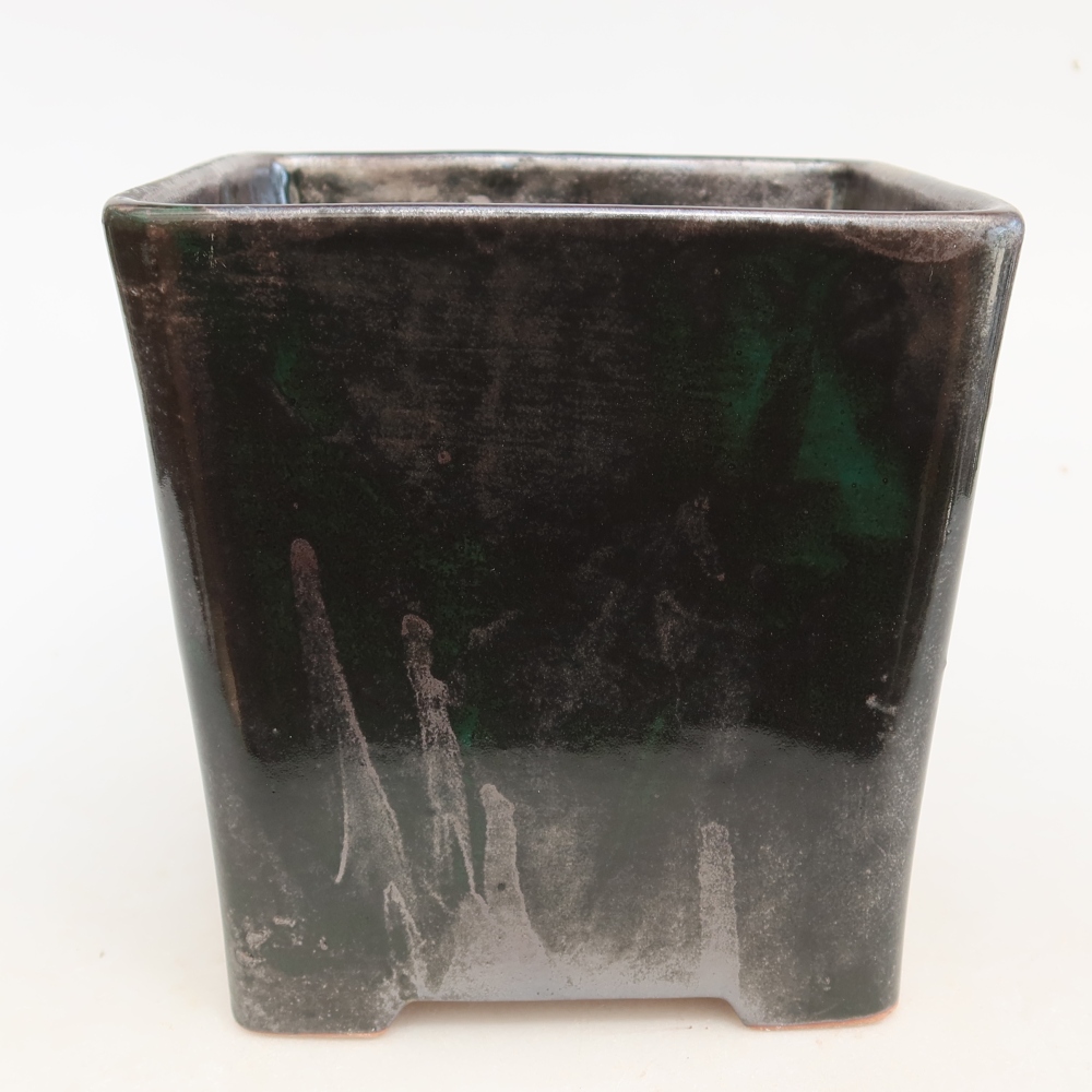 Keramická miska na bonsaje 13 x 13 x 14 cm, farba: kovovo-zelená