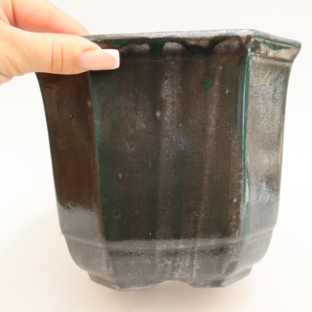 Keramická miska na bonsai 17,5 x 17,5 x 15,5 cm, farba: kovovo-zelená