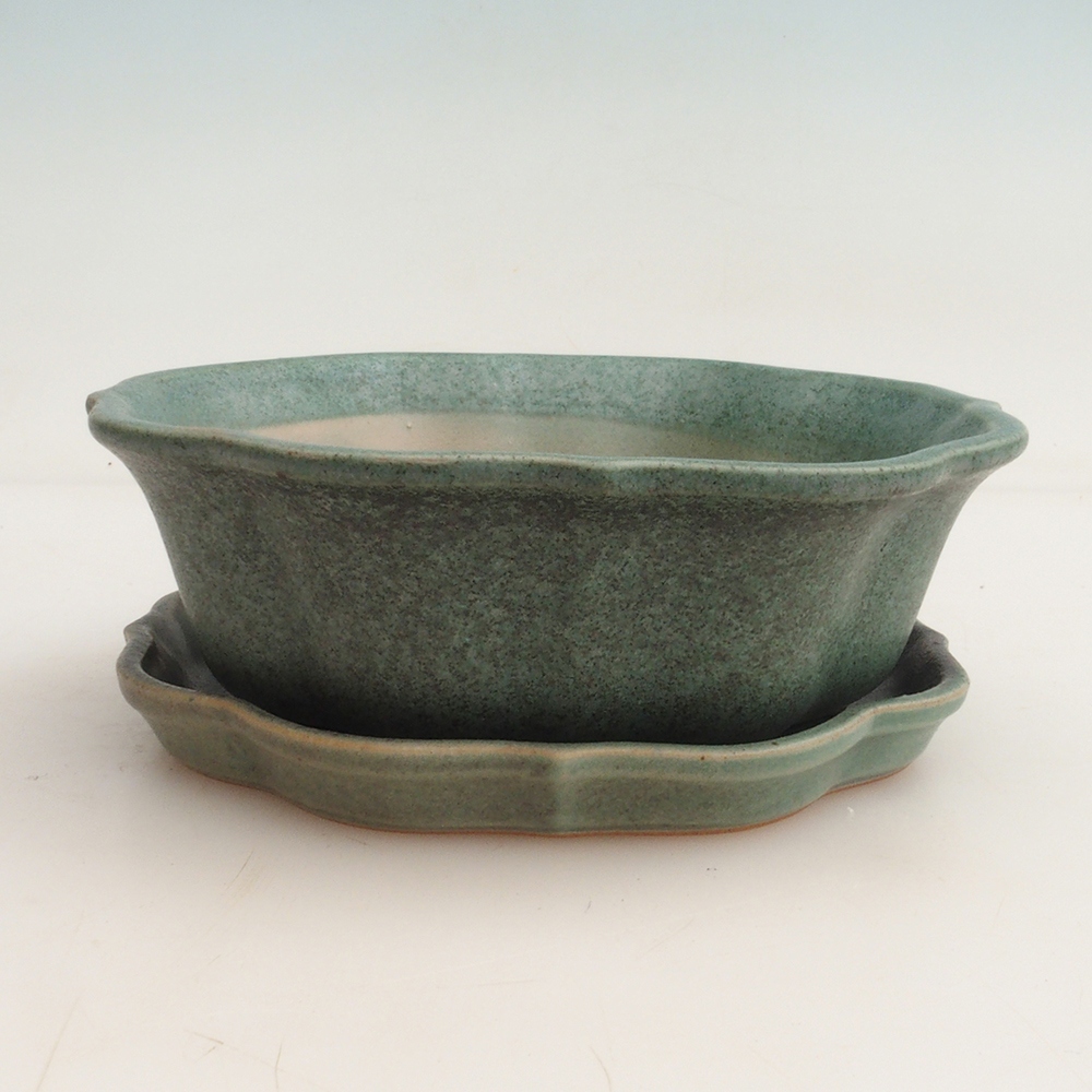 Bonsai miska + podmiska H06 – 14,5 x 14,5 x 5 cm. - zelená