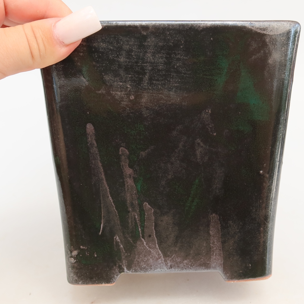 Keramická miska na bonsaje 13 x 13 x 14 cm, farba: kovovo-zelená