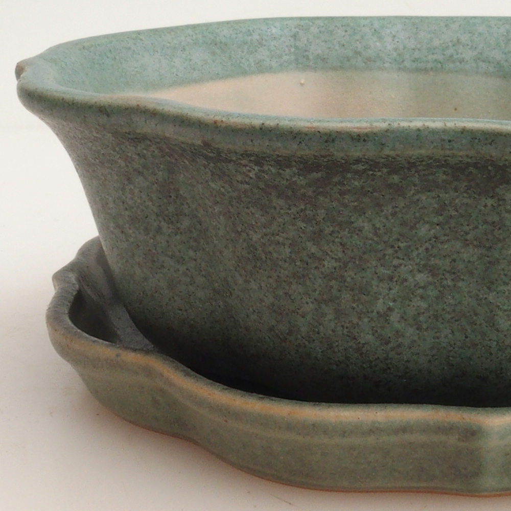 Bonsai miska + podmiska H06 – 14,5 x 14,5 x 5 cm. - zelená