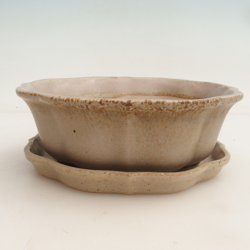 Bonsai miska + podmiska H06 – 14,5 x 14,5 x 5 cm. - béžová